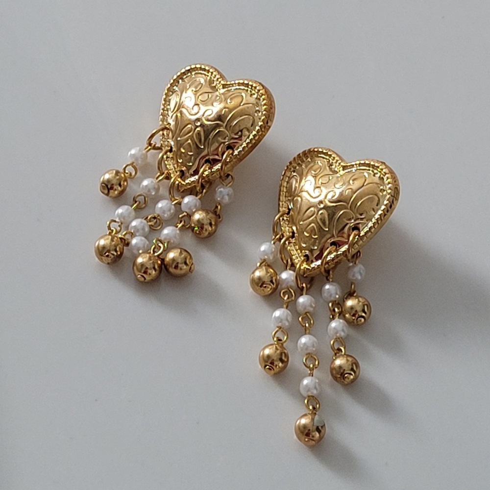 Heart Earrings filigree gold-tone faux pearl & gold-tone dangle accents - Picture 2 of 6